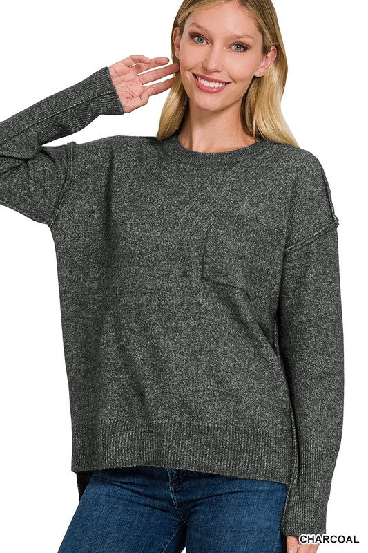 Melange Hi - Low hem Round Neck Sweater - Happily Ever Atchison Shop Co.
