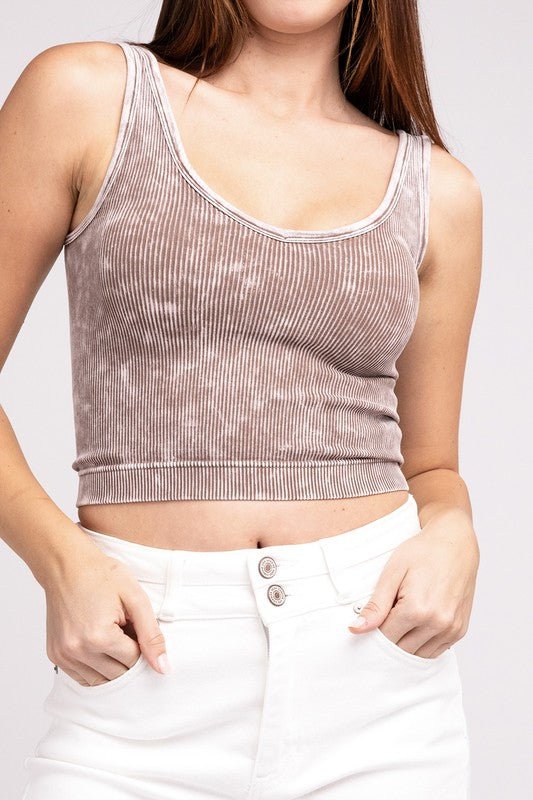 2 Way Neckline Washed Ribbed Cropped Tank Top - Happily Ever Atchison Shop Co.