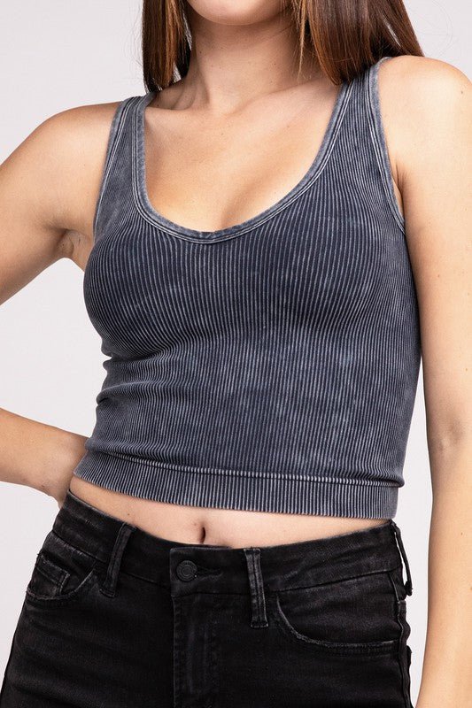 2 Way Neckline Washed Ribbed Cropped Tank Top - Happily Ever Atchison Shop Co.