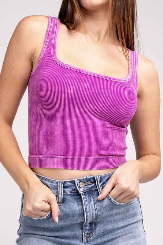 2 Way Neckline Washed Ribbed Cropped Tank Top - Happily Ever Atchison Shop Co.