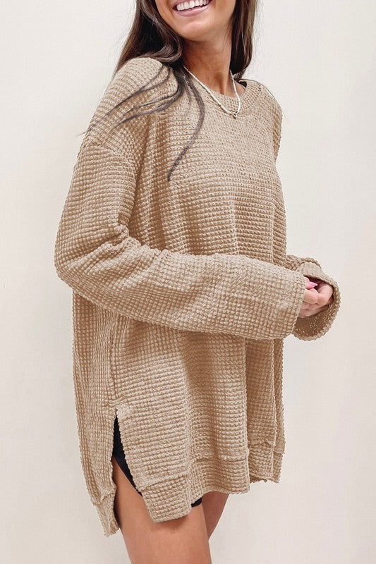 Waffle Knit Drop Sleeve Side Slits Oversized Top - Happily Ever Atchison Shop Co.  