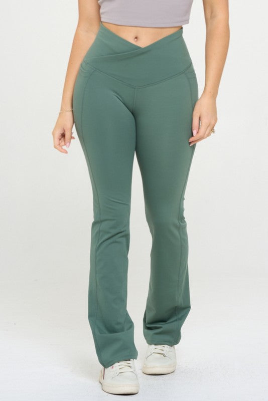 Women Crossover Flare Legging High Waisted Pockets - Happily Ever Atchison Shop Co.  