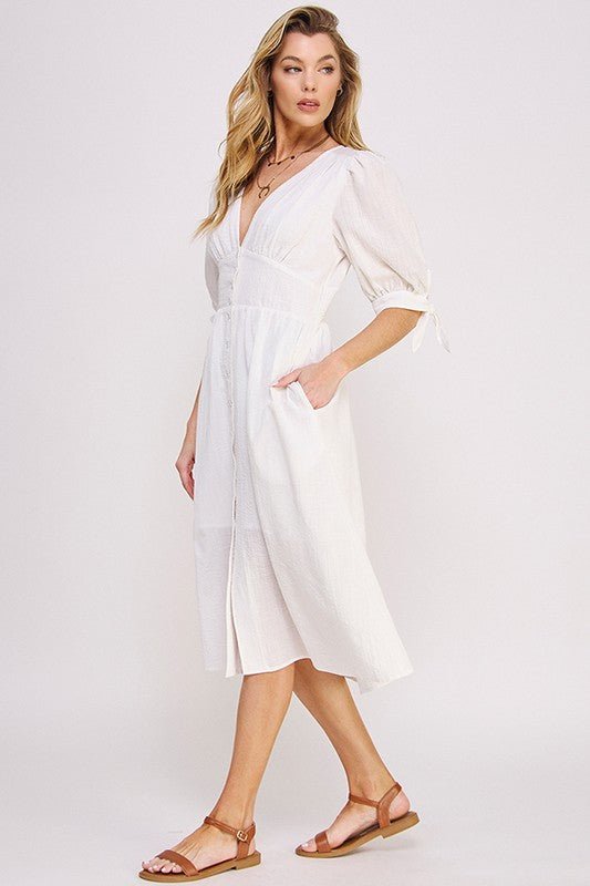 3/4 PUFF SLV TEXTURE VNECK BUTTON DOWN MIDI DRESS - Happily Ever Atchison Shop Co.