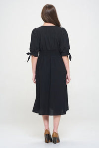 3/4 PUFF SLV TEXTURE VNECK BUTTON DOWN MIDI DRESS - Happily Ever Atchison Shop Co.