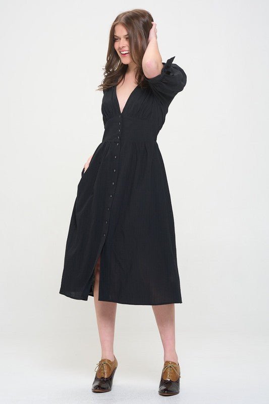 3/4 PUFF SLV TEXTURE VNECK BUTTON DOWN MIDI DRESS - Happily Ever Atchison Shop Co.