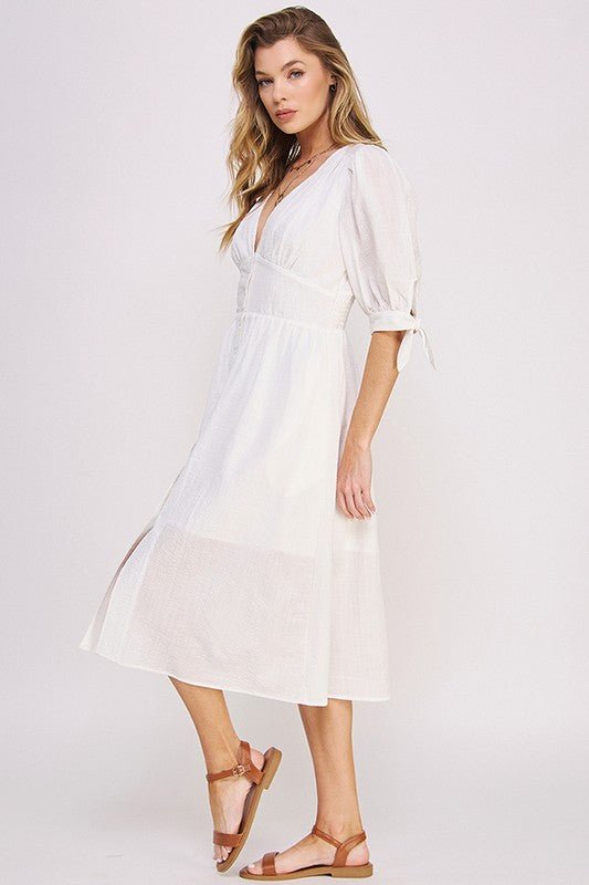 3/4 PUFF SLV TEXTURE VNECK BUTTON DOWN MIDI DRESS - Happily Ever Atchison Shop Co.