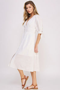 3/4 PUFF SLV TEXTURE VNECK BUTTON DOWN MIDI DRESS - Happily Ever Atchison Shop Co.