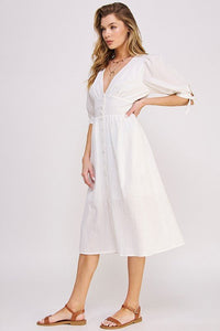 3/4 PUFF SLV TEXTURE VNECK BUTTON DOWN MIDI DRESS - Happily Ever Atchison Shop Co.