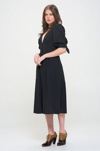 3/4 PUFF SLV TEXTURE VNECK BUTTON DOWN MIDI DRESS - Happily Ever Atchison Shop Co.