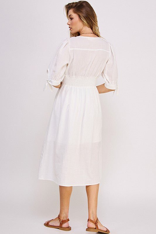 3/4 PUFF SLV TEXTURE VNECK BUTTON DOWN MIDI DRESS - Happily Ever Atchison Shop Co.