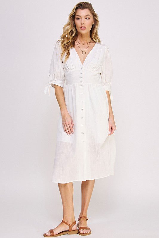 3/4 PUFF SLV TEXTURE VNECK BUTTON DOWN MIDI DRESS - Happily Ever Atchison Shop Co.