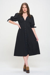 3/4 PUFF SLV TEXTURE VNECK BUTTON DOWN MIDI DRESS - Happily Ever Atchison Shop Co.