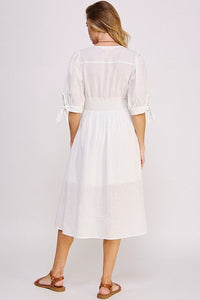 3/4 PUFF SLV TEXTURE VNECK BUTTON DOWN MIDI DRESS - Happily Ever Atchison Shop Co.