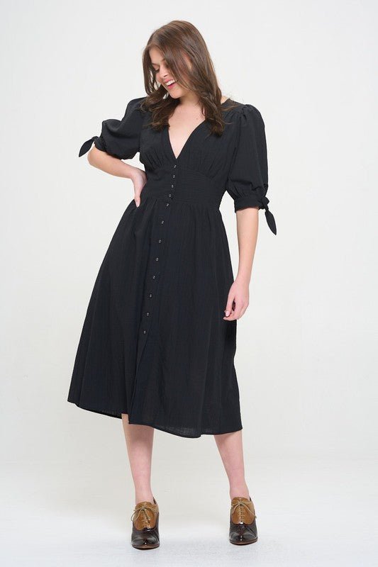 3/4 PUFF SLV TEXTURE VNECK BUTTON DOWN MIDI DRESS - Happily Ever Atchison Shop Co.