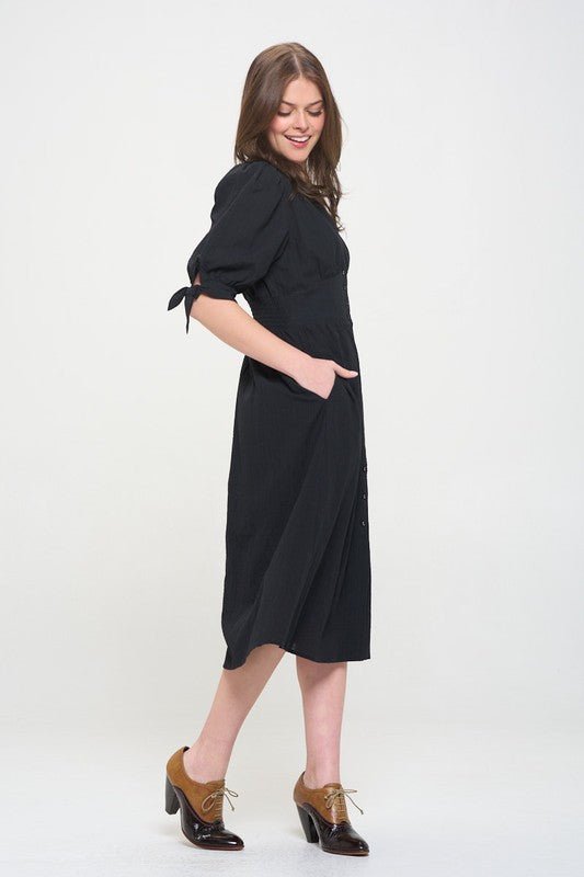 3/4 PUFF SLV TEXTURE VNECK BUTTON DOWN MIDI DRESS - Happily Ever Atchison Shop Co.