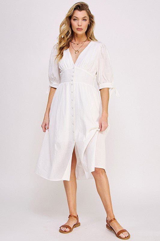 3/4 PUFF SLV TEXTURE VNECK BUTTON DOWN MIDI DRESS - Happily Ever Atchison Shop Co.