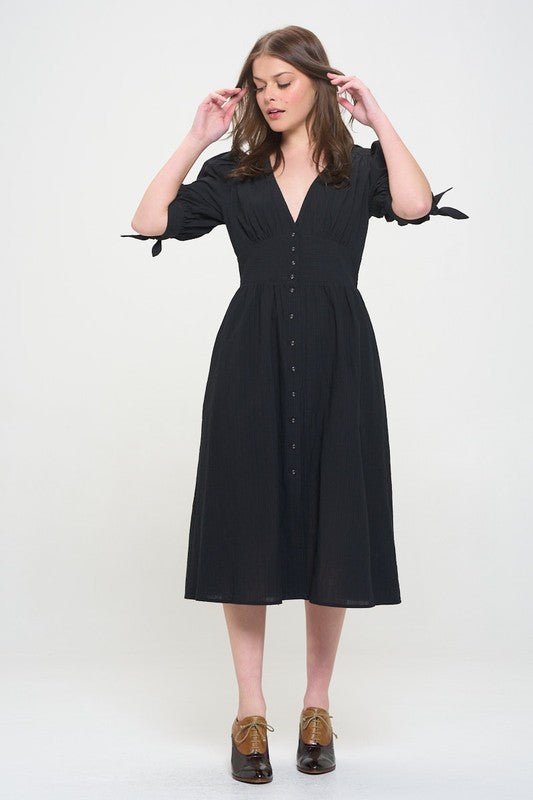 3/4 PUFF SLV TEXTURE VNECK BUTTON DOWN MIDI DRESS - Happily Ever Atchison Shop Co.