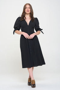 3/4 PUFF SLV TEXTURE VNECK BUTTON DOWN MIDI DRESS - Happily Ever Atchison Shop Co.