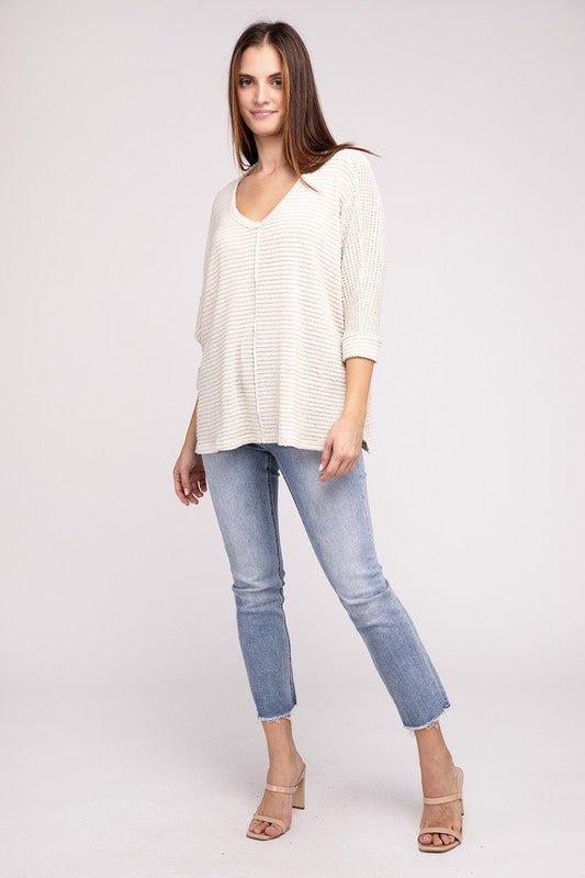 3/4 Sleeve V-Neck Hi-Low Hem Jacquard Sweater - Happily Ever Atchison Shop Co.