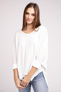 3/4 Sleeve V-Neck Hi-Low Hem Jacquard Sweater - Happily Ever Atchison Shop Co.