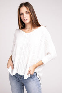 3/4 Sleeve V-Neck Hi-Low Hem Jacquard Sweater - Happily Ever Atchison Shop Co.