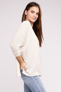 3/4 Sleeve V-Neck Hi-Low Hem Jacquard Sweater - Happily Ever Atchison Shop Co.