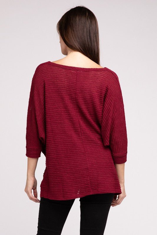 3/4 Sleeve V-Neck Hi-Low Hem Jacquard Sweater - Happily Ever Atchison Shop Co.