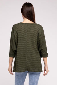 3/4 Sleeve V-Neck Hi-Low Hem Jacquard Sweater - Happily Ever Atchison Shop Co.