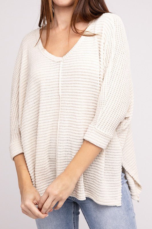 3/4 Sleeve V-Neck Hi-Low Hem Jacquard Sweater - Happily Ever Atchison Shop Co.