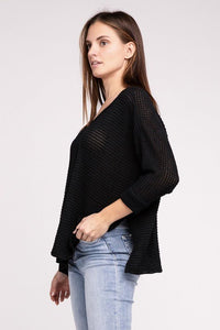 3/4 Sleeve V-Neck Hi-Low Hem Jacquard Sweater - Happily Ever Atchison Shop Co.