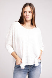 3/4 Sleeve V-Neck Hi-Low Hem Jacquard Sweater - Happily Ever Atchison Shop Co.