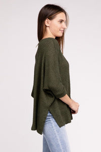 3/4 Sleeve V-Neck Hi-Low Hem Jacquard Sweater - Happily Ever Atchison Shop Co.