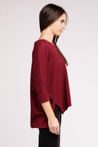 3/4 Sleeve V-Neck Hi-Low Hem Jacquard Sweater - Happily Ever Atchison Shop Co.