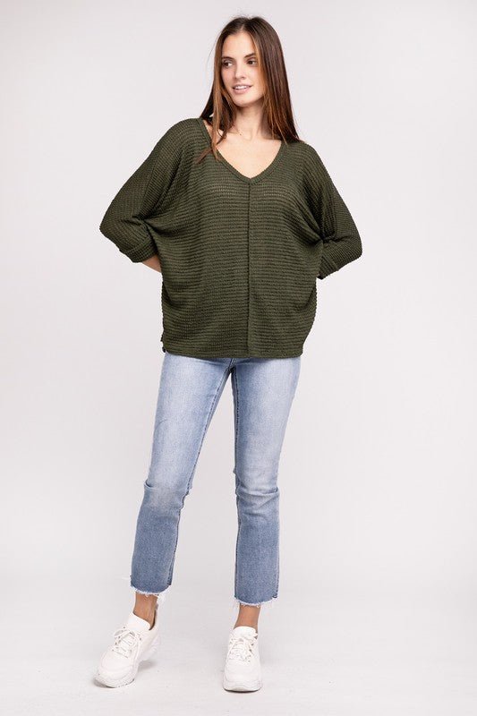 3/4 Sleeve V-Neck Hi-Low Hem Jacquard Sweater - Happily Ever Atchison Shop Co.