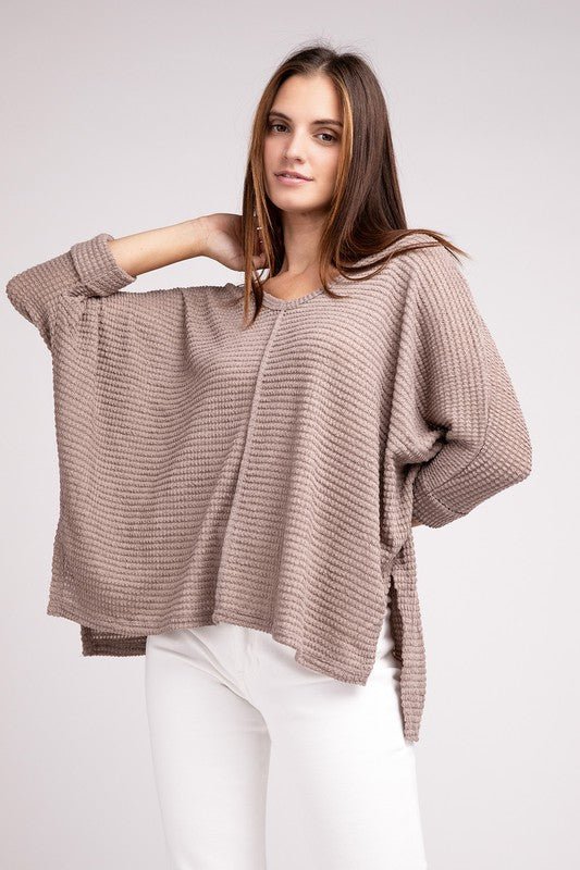 3/4 Sleeve V-Neck Hi-Low Hem Jacquard Sweater - Happily Ever Atchison Shop Co.