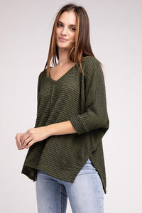 3/4 Sleeve V-Neck Hi-Low Hem Jacquard Sweater - Happily Ever Atchison Shop Co.