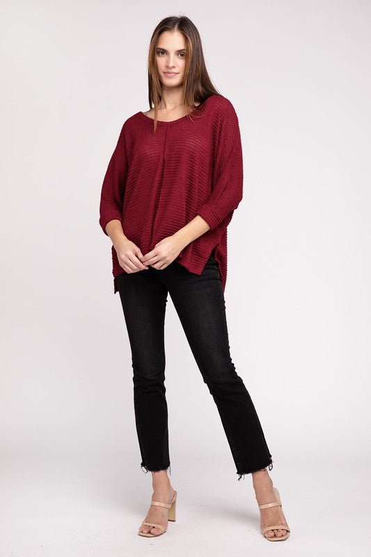 3/4 Sleeve V-Neck Hi-Low Hem Jacquard Sweater - Happily Ever Atchison Shop Co.