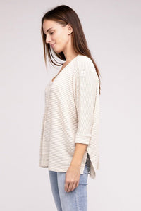 3/4 Sleeve V-Neck Hi-Low Hem Jacquard Sweater - Happily Ever Atchison Shop Co.