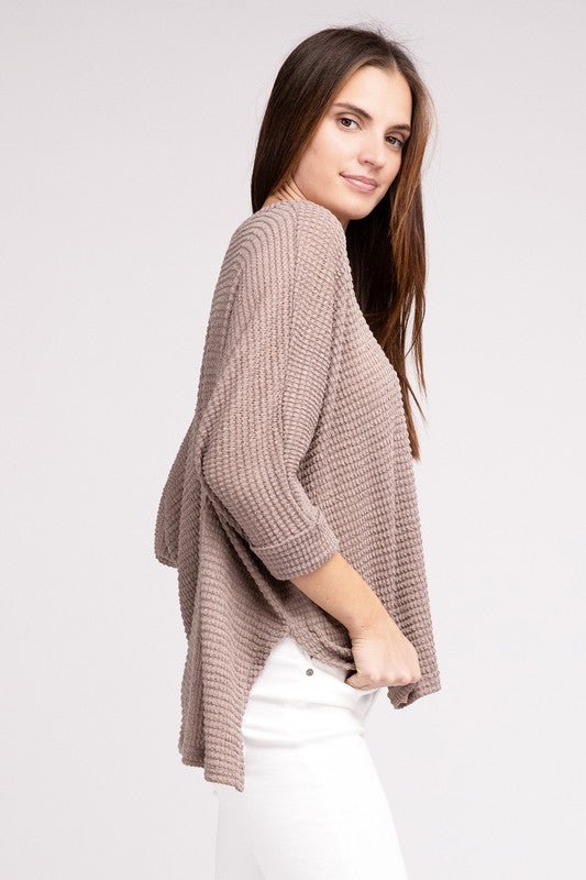 3/4 Sleeve V-Neck Hi-Low Hem Jacquard Sweater - Happily Ever Atchison Shop Co.