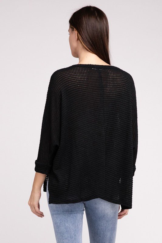 3/4 Sleeve V-Neck Hi-Low Hem Jacquard Sweater - Happily Ever Atchison Shop Co.