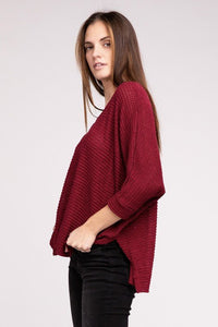 3/4 Sleeve V-Neck Hi-Low Hem Jacquard Sweater - Happily Ever Atchison Shop Co.