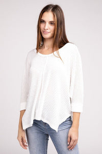 3/4 Sleeve V-Neck Hi-Low Hem Jacquard Sweater - Happily Ever Atchison Shop Co.