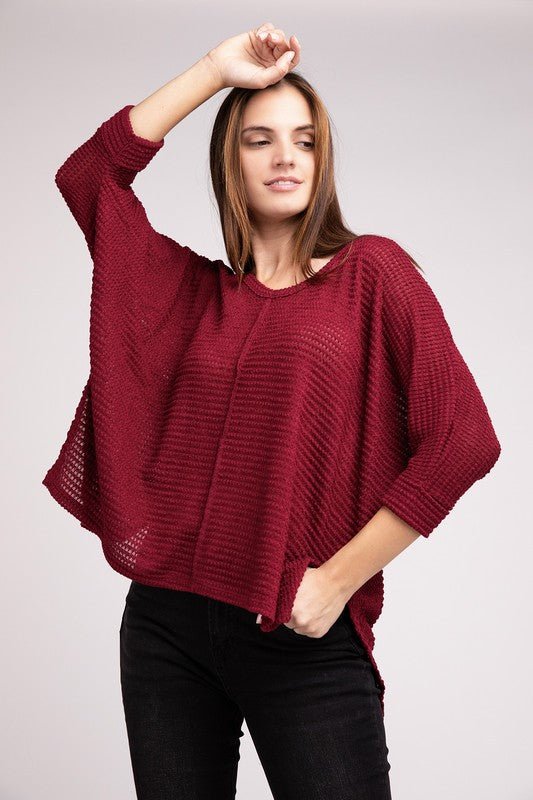 3/4 Sleeve V-Neck Hi-Low Hem Jacquard Sweater - Happily Ever Atchison Shop Co.