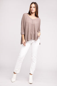 3/4 Sleeve V-Neck Hi-Low Hem Jacquard Sweater - Happily Ever Atchison Shop Co.