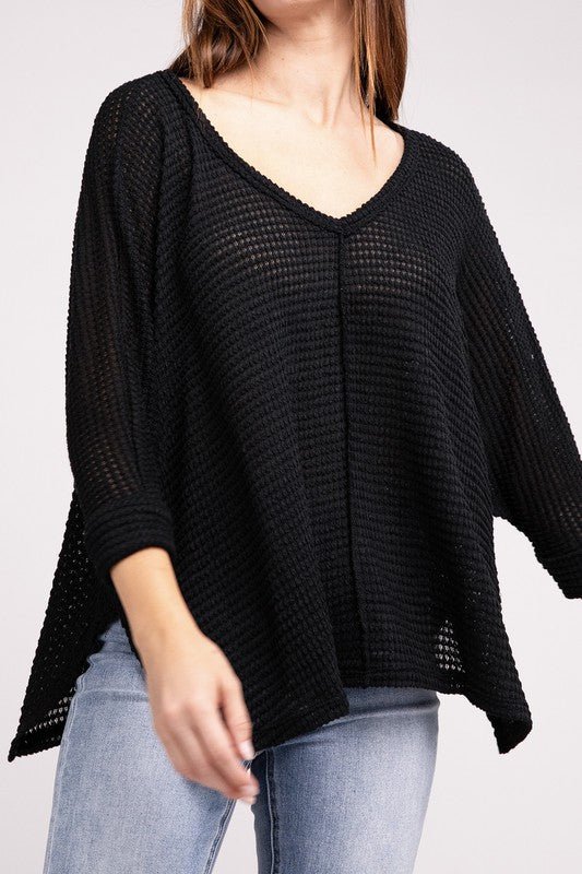 3/4 Sleeve V-Neck Hi-Low Hem Jacquard Sweater - Happily Ever Atchison Shop Co.