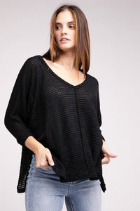 3/4 Sleeve V-Neck Hi-Low Hem Jacquard Sweater - Happily Ever Atchison Shop Co.