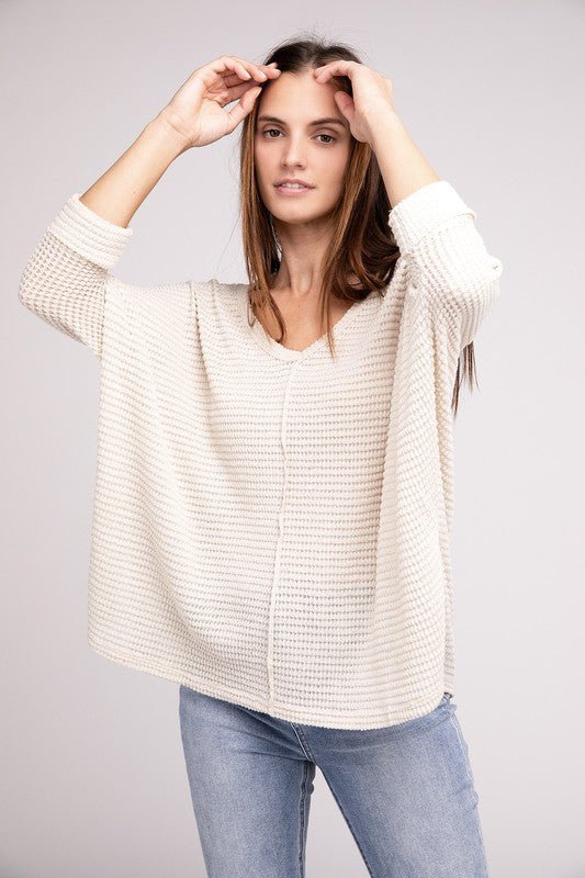 3/4 Sleeve V-Neck Hi-Low Hem Jacquard Sweater - Happily Ever Atchison Shop Co.