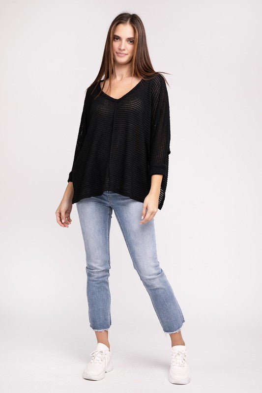 3/4 Sleeve V-Neck Hi-Low Hem Jacquard Sweater - Happily Ever Atchison Shop Co.