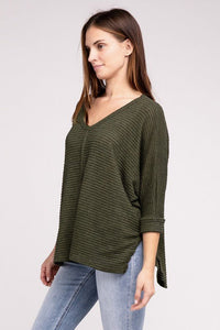 3/4 Sleeve V-Neck Hi-Low Hem Jacquard Sweater - Happily Ever Atchison Shop Co.