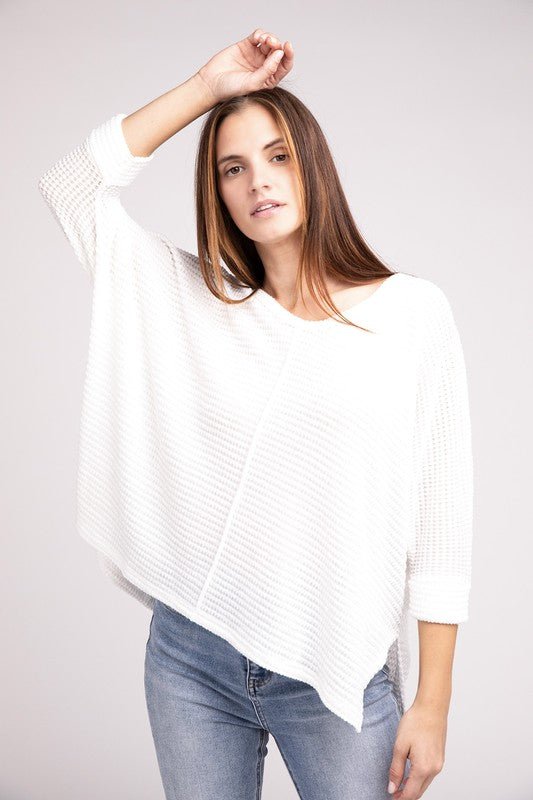 3/4 Sleeve V-Neck Hi-Low Hem Jacquard Sweater - Happily Ever Atchison Shop Co.